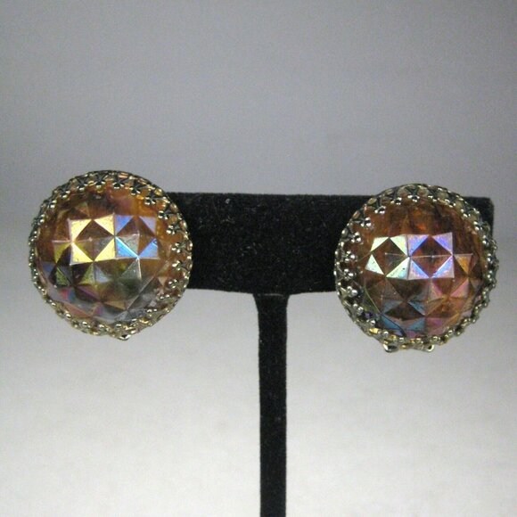 Earrings CLIP ON Silvertone Vintage 50s Faceted Aurora Borealis 1 in - Picture 1 of 5